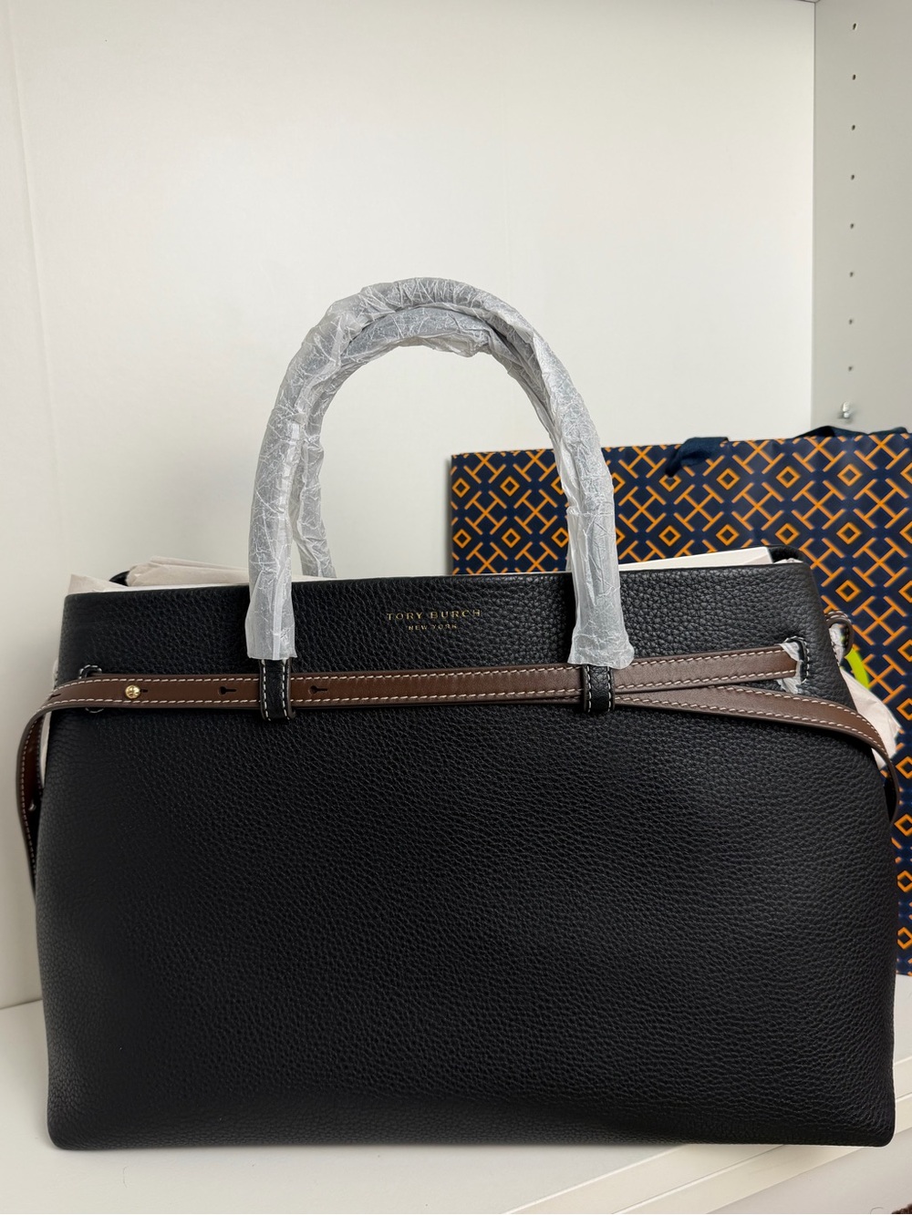 Tory Burch Black Leather Tote with Brown Trim